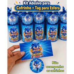 KIT ADESIVO PERSONALIZADO PARA COFRINHO 10X6 + TAG PARA ESFERA SONIC. LEMBRANCINHA INFANTIL. TODOS OS TEMAS