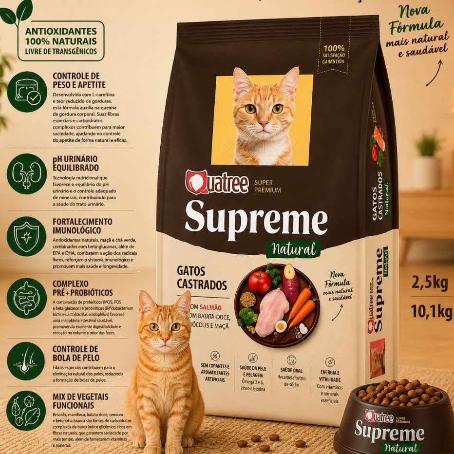 Ração Gato Adulto Castrado 10.1KG Quatree Supreme Sabor Frango 40% Proteina