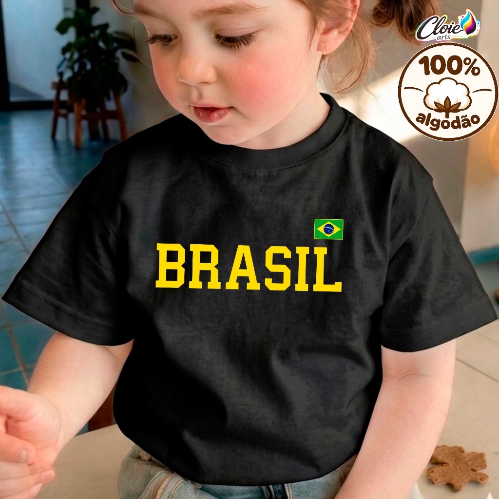 Camiseta Infantil 100% Algodão Brasil Menina Estilosa Rosa Passeio Brasil Seleção Torcida Confortável Fofa Blusa Menina.