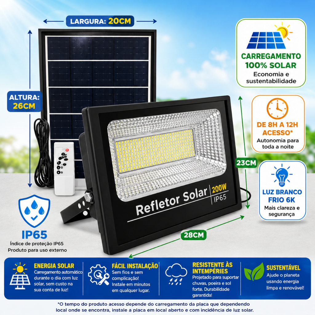 Refletor Solar 200w Luz de Led Holofote 6000K Moderno + Controle Para Jardim /Festa /Quintal