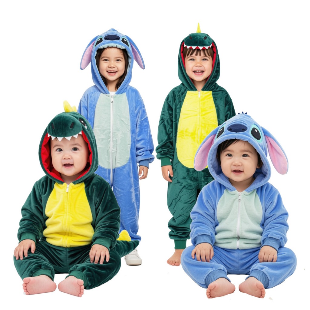 Pijama macacão bebês 6 a 36 meses fantasia peluciado fofo inverno frio kigurumi stitch dinossauro