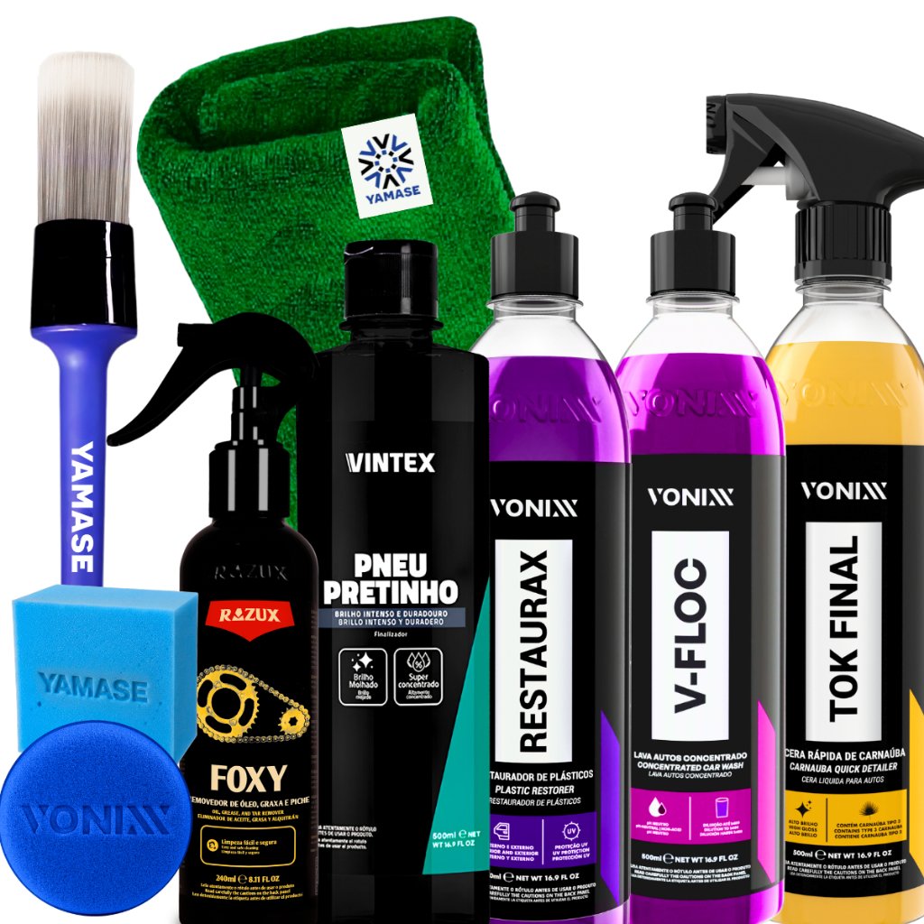 Kit Estética Automotiva Completo V-Floc Restaurax Tok Final Pneu Pretinho Foxy Pano Pincel Aplicador