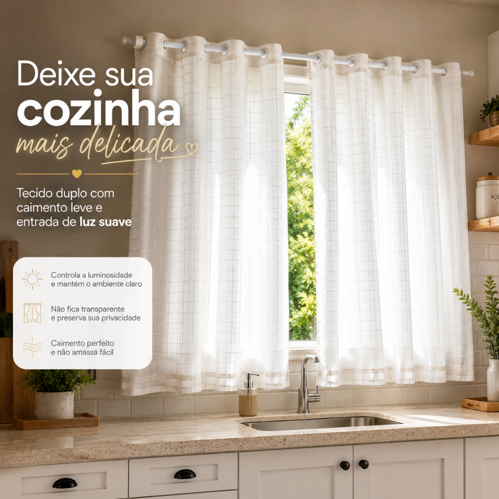 Cortina Cozinha Janela 2,00m x 1,20m Voil Branco com Forro Duplo Ilhós para Varão