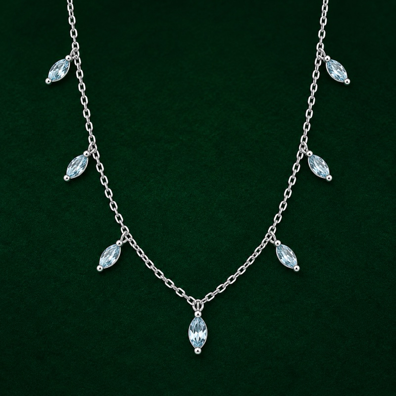 Choker Prata 925 com Pedras Azul Claro Feminina e Sofisticada