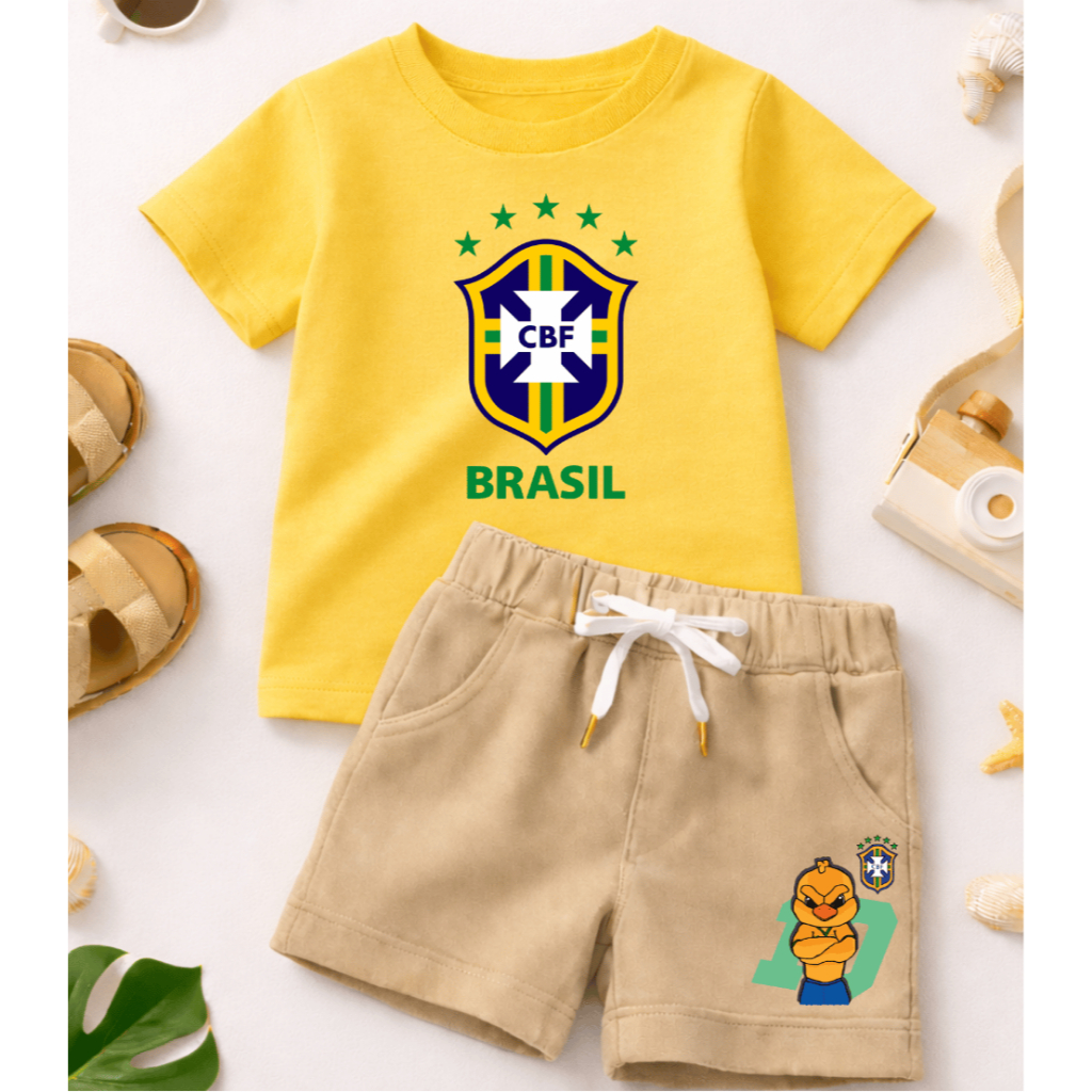 Conjunto Infantil Brasil Para Meninos Estiloso de Verão - Camiseta Manga Curta e Bermuda de Moletom Casual Copa Do Mundo