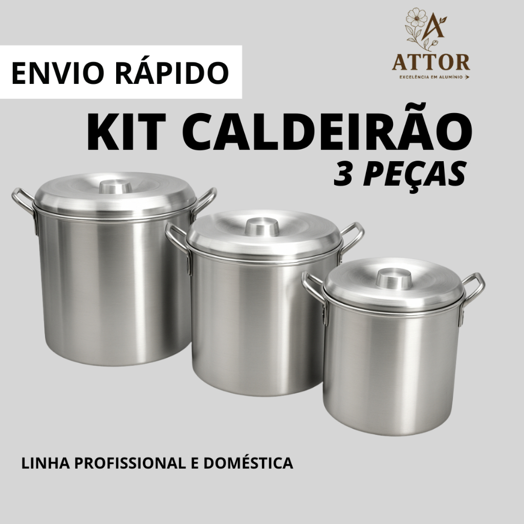KIT CALDEIRÃO N18/N20/N22 ALUMINIO COM TAMPA DE ENCAIXE ARMAZENAR ALIMENTO BANHA DE PORCO INDUSTRIAL