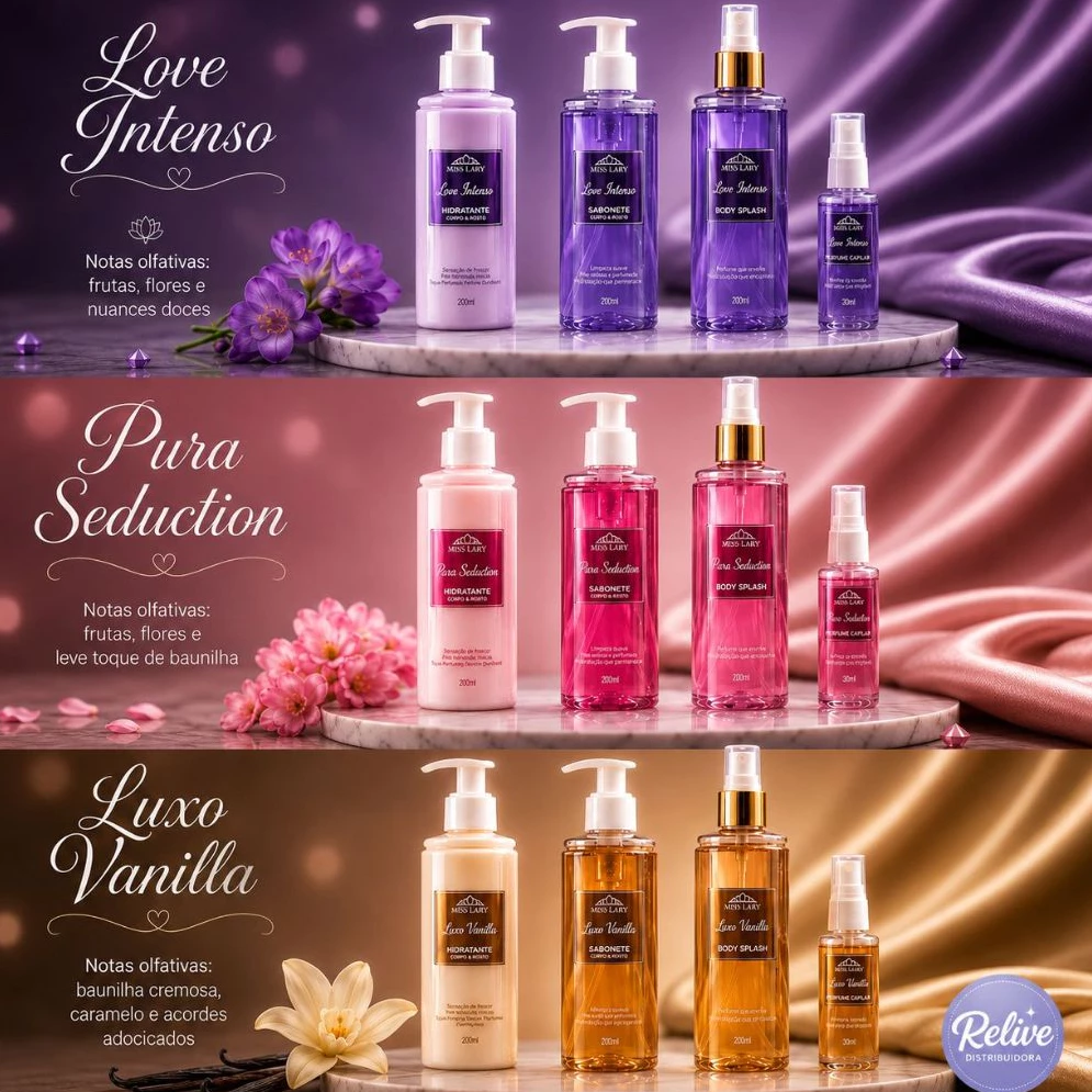 Combo Completo MISS LARY 04 itens: Hidratante e Sabonete Corpo e Rosto Body Splash Perfume Capilar