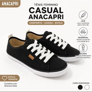 Tênis Feminino Casual AnaCapri Preto Leve Confortável Dia a Dia.