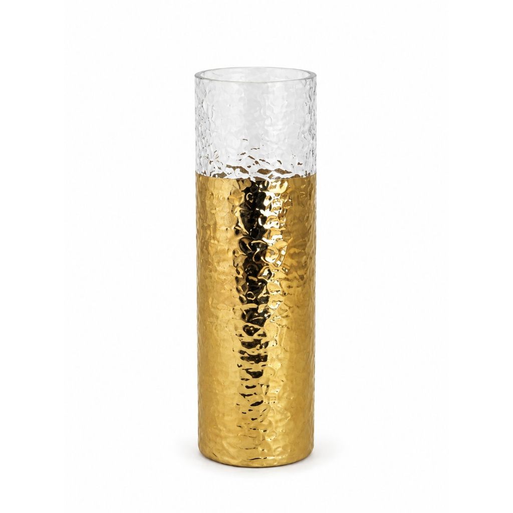 Vaso Decorativo Dourado Craquelado em Metal e Acrílico 30cm Luxo Moderno Elegante Sala Mesa Decoração