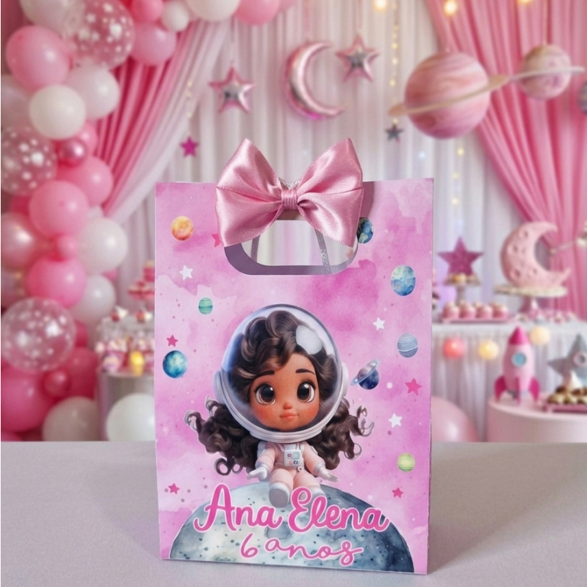 Sacolinha Personalizada para Lembrancinha Astronauta menina rosa - Pegue e Monte
