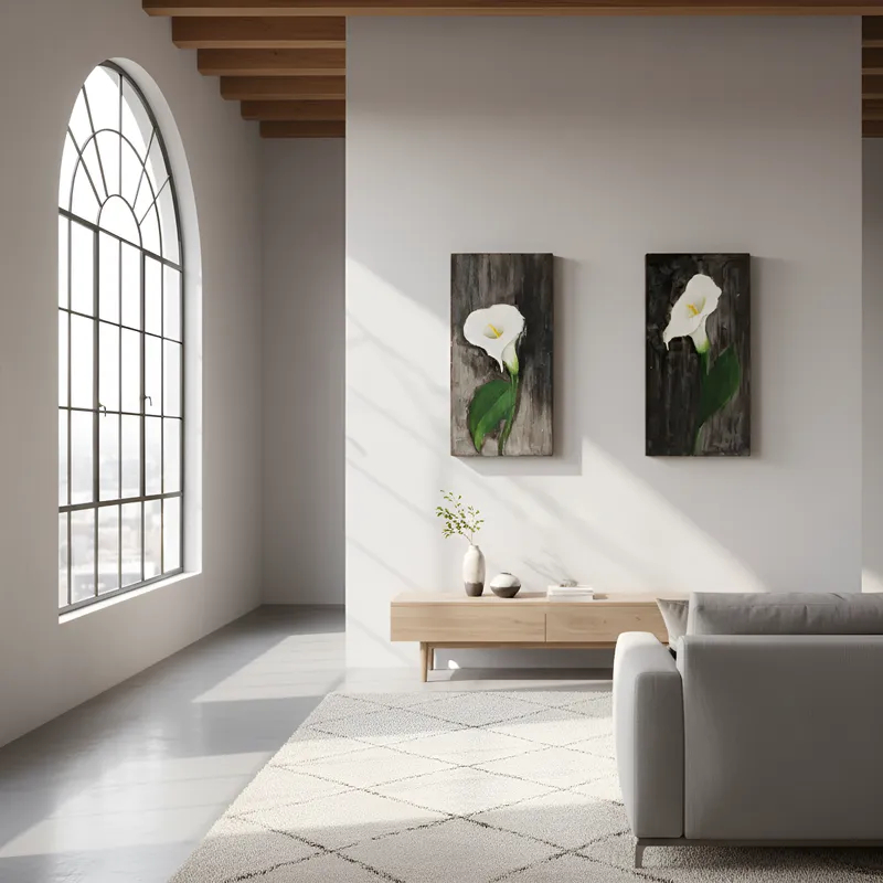 par de quadros decorativos -pintura em óleo sobre tela - copo de leite