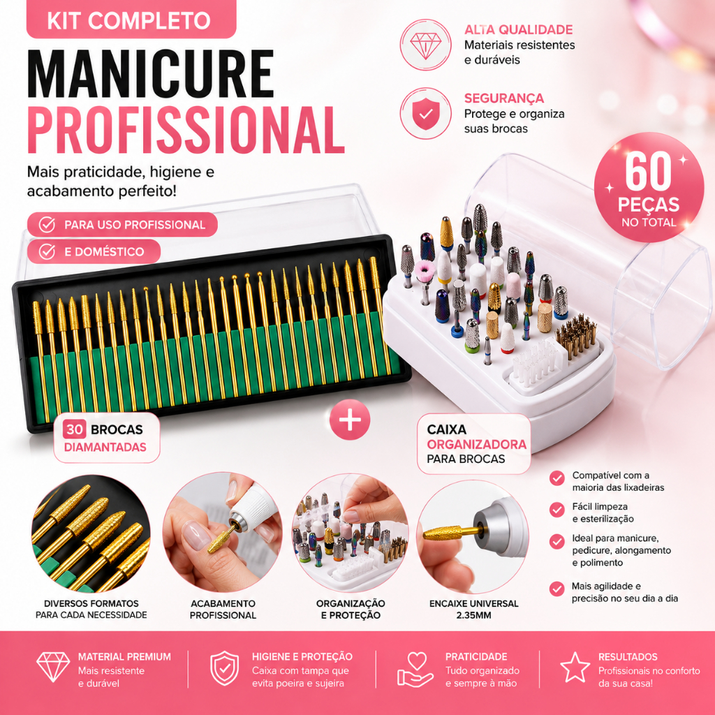 Kit 30 Brocas + Portador de brocas Unhas Manicure Lixadeira