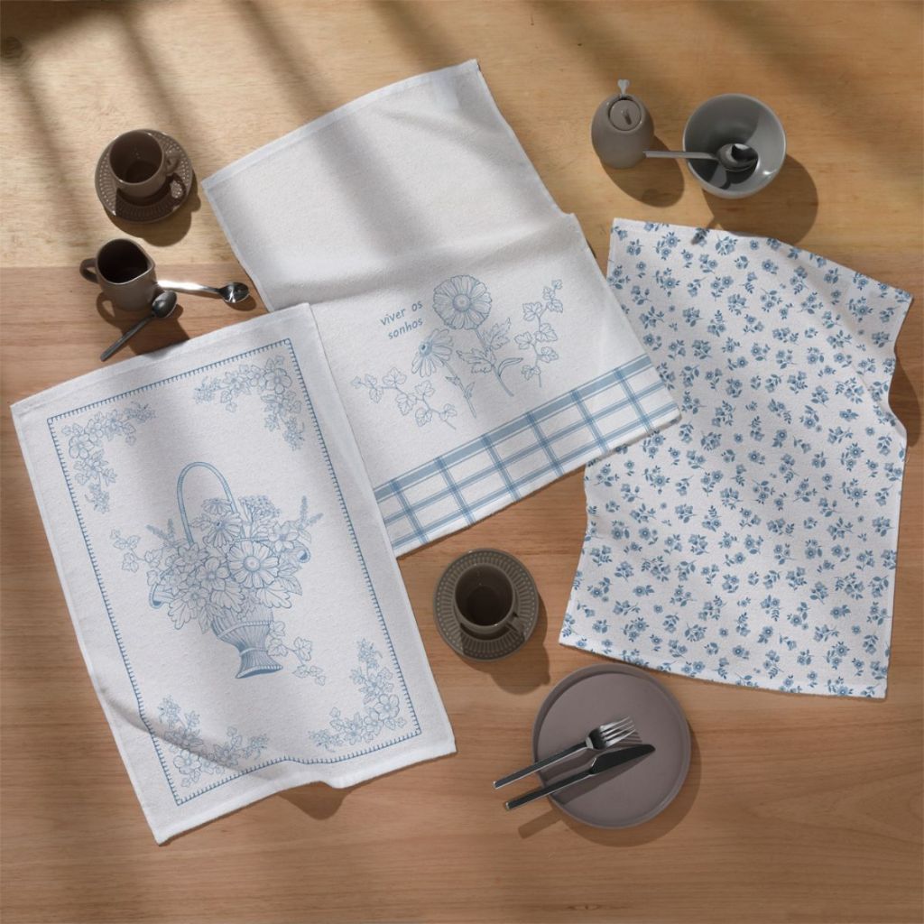 Kit 3 Panos De Copa Prato pia louça Felpudo 100% Algodão  Floral Branco Azul Absorvente Cozinha