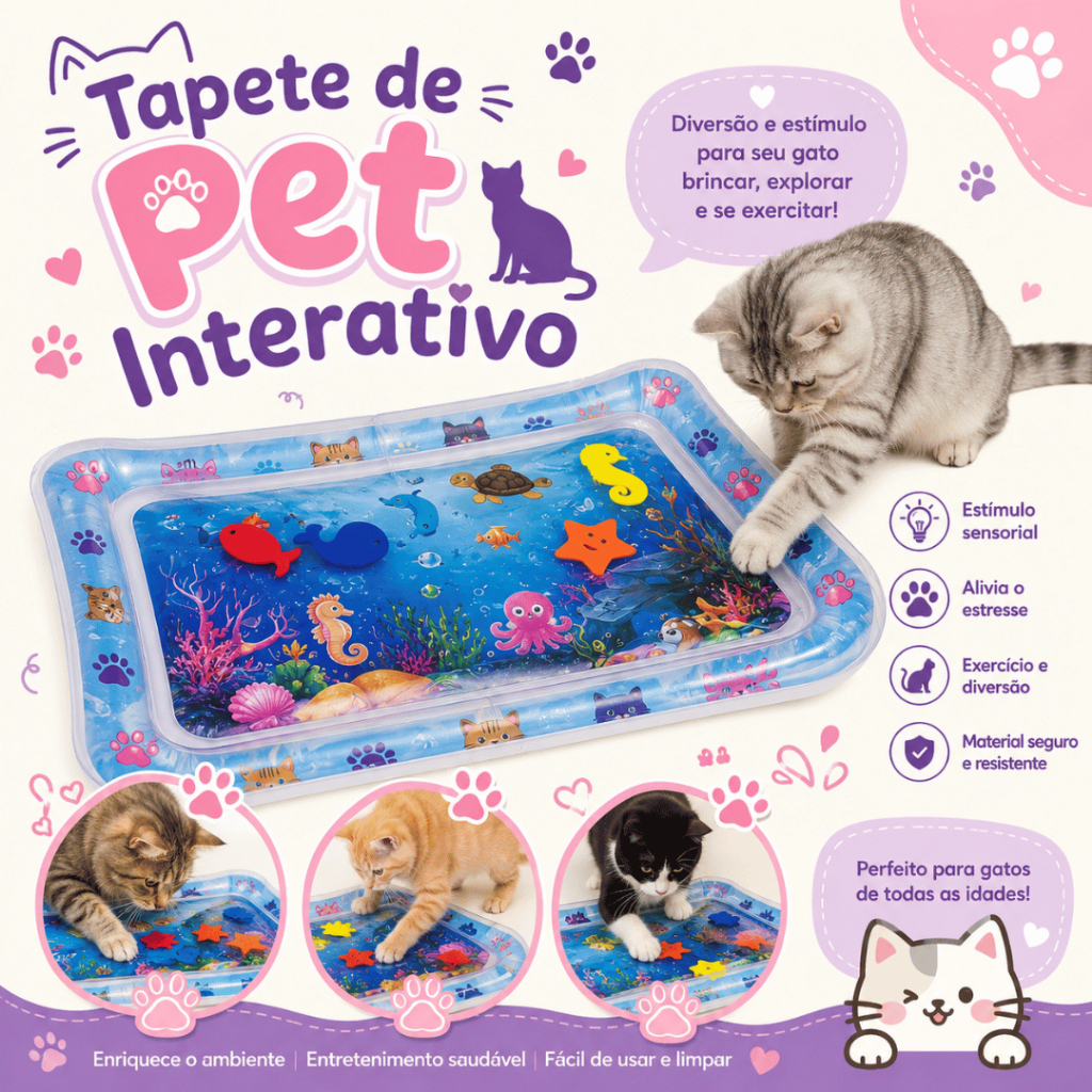 Tapete Aqua Pet Inflável Para Gatos Brinquedo Interativo Sensorial Com Peixinhos Flutuantes Diversão