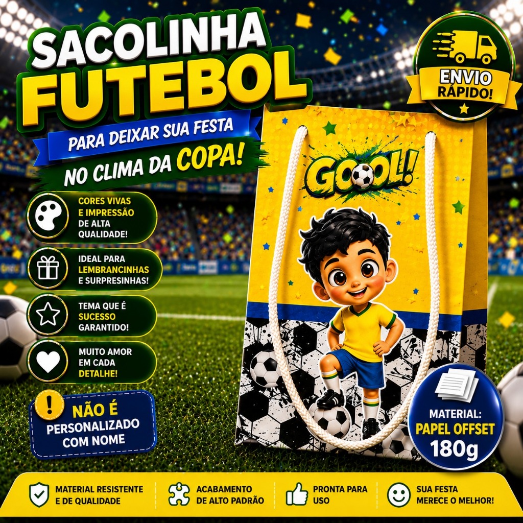 Kit 10 ~ 30 Sacolinhas Futebol Brasil Copa Personalizados Lembrancinhas Mimo Festa Infantil Aniversário PEGUE E MONTE