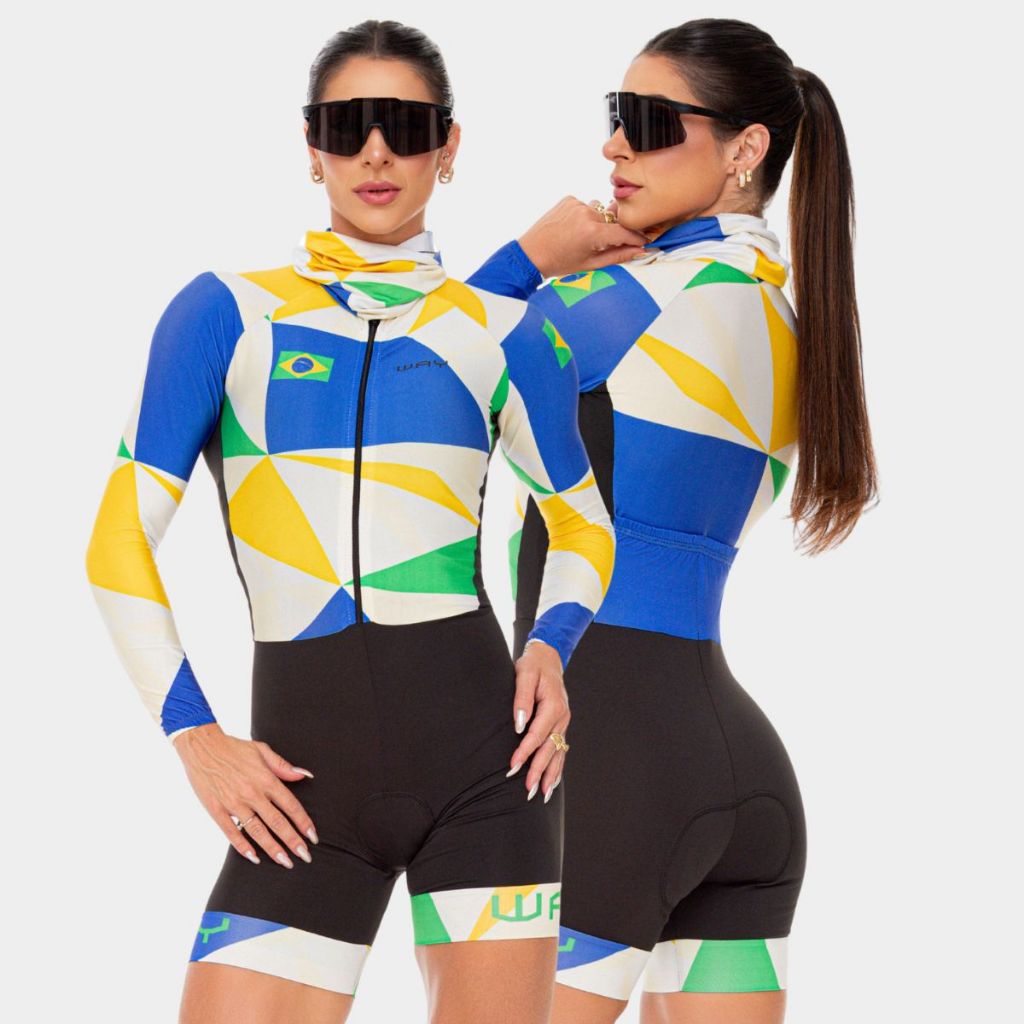Macaquinho Ciclismo Feminino Macacao Brasil Gel Almofadado Bike Conjunto Ciclista Bolso MTB Speed