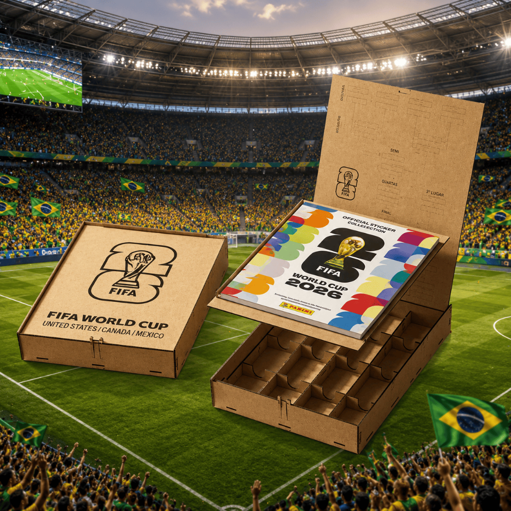 Organizador Álbum Figurinha Copa Mundo FIFA 2026 Caixa MDF c/ Divisória Colecionador Futebol 33x25x6 cm
