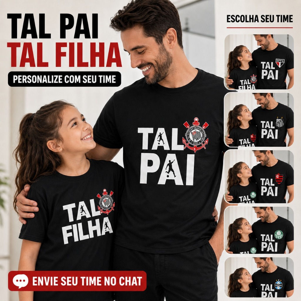 Camisetas Pai e Filha Tal Pai Tal Filha Esporte Futebol Kit Preto Escolha o Escudo do Seu Time