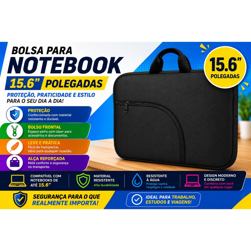 Case Luva Bolsa Pasta  Estojo para Notebook 15,6 Polegadas Preta Com Bolso e Sem Bolso