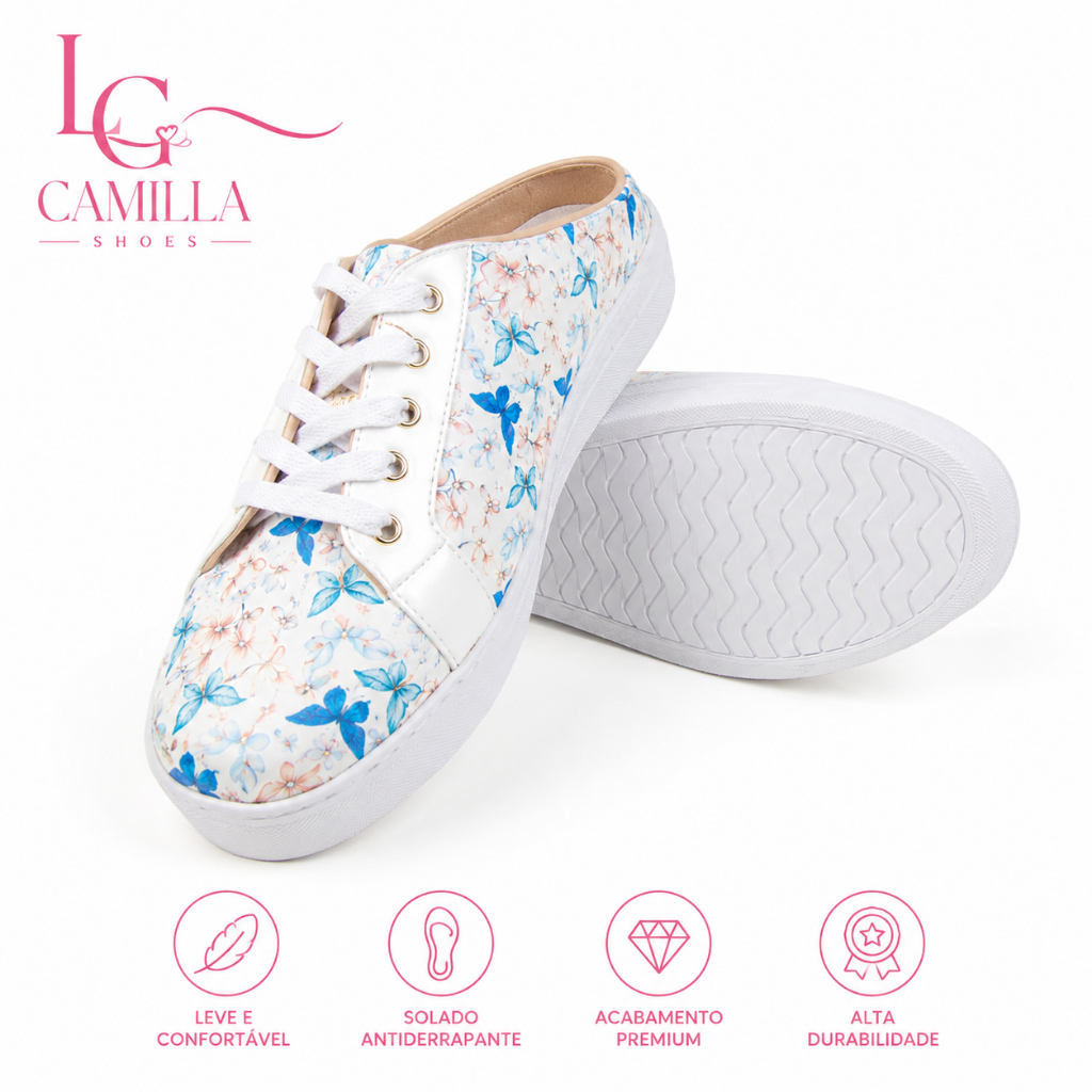 Tênis feminino mule babuche com cadarço sola alta estampado borboleta e azul escuro