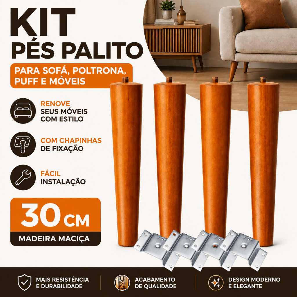 Kit 4 Pés Palito Madeira 30cm Para Móveis Sofá Poltrona Puff Com Chapinha Fixação