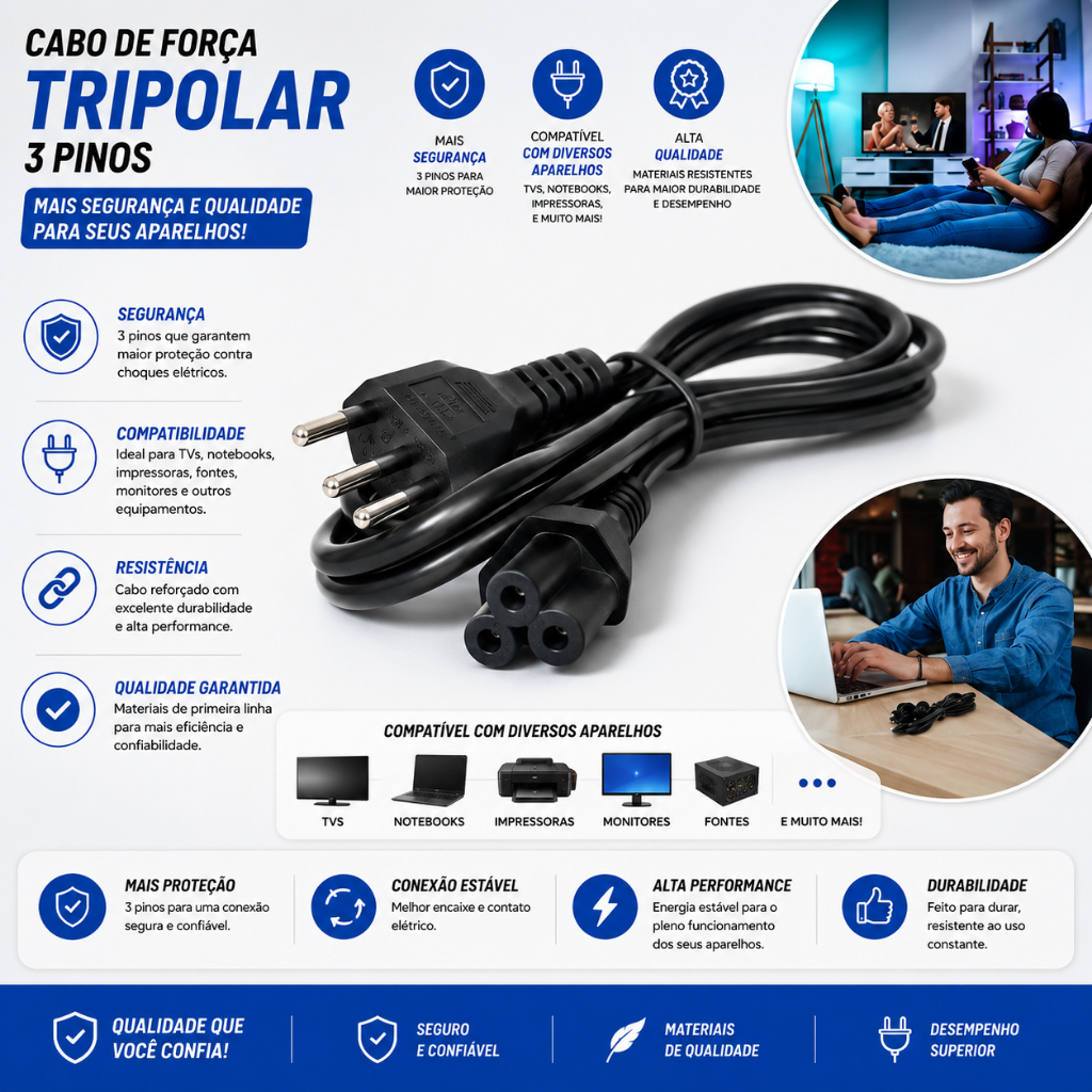 Cabo De Força Energia Tripolar Para PC Notebook TV LG E TV Samsung 3 Pinos Padrão BR 110/220V