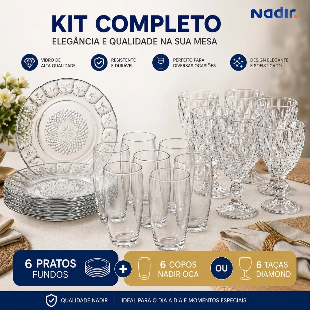 Kit 6 Copos ou Taças + 6 Pratos Fundos Vidro Resistente Jogo Mesa Cozinha — imagem 1