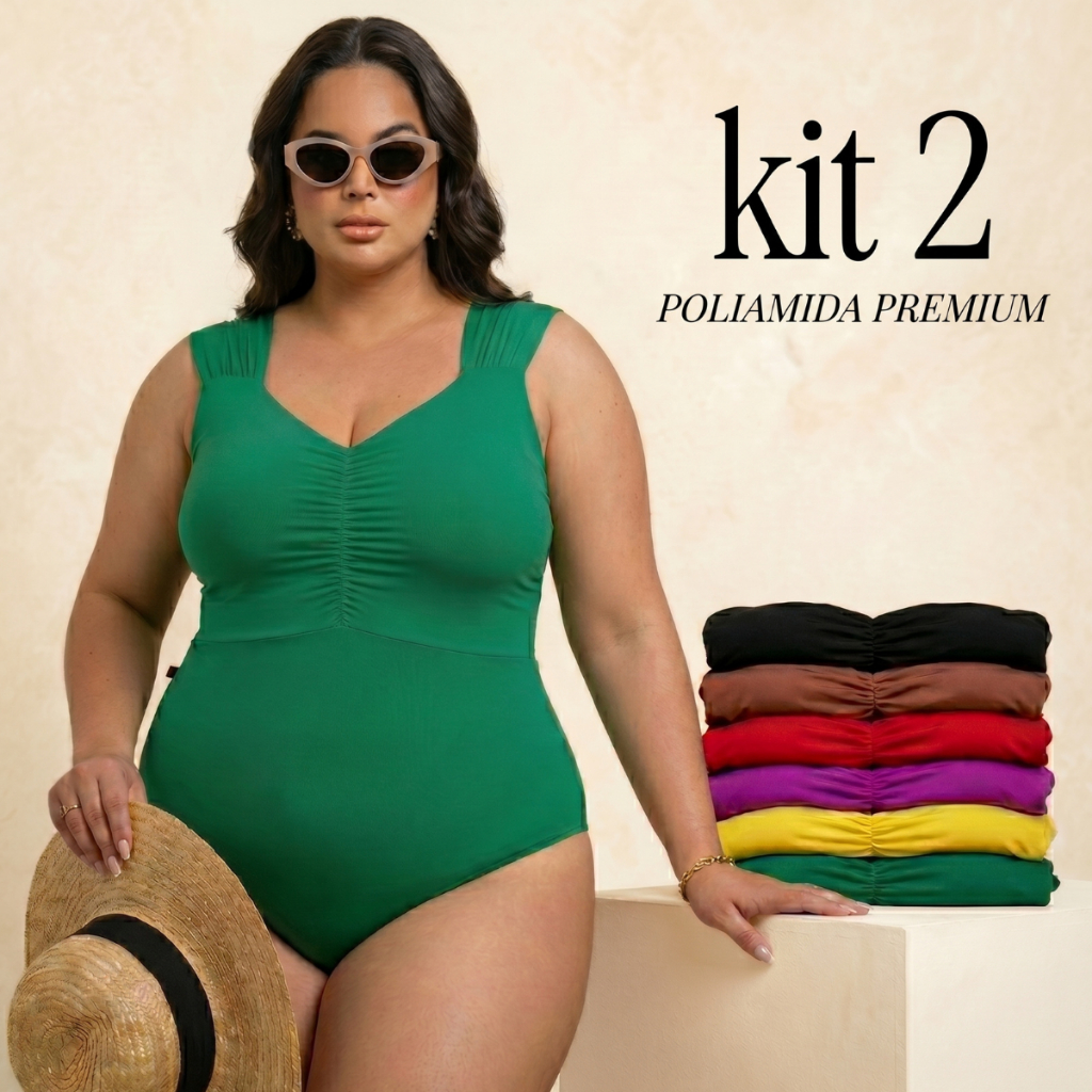 Kit 2 Maiô Feminino Praia Plus Size Suplex Poliamida Bojo Modelado Disfarça Barriga Biquini
