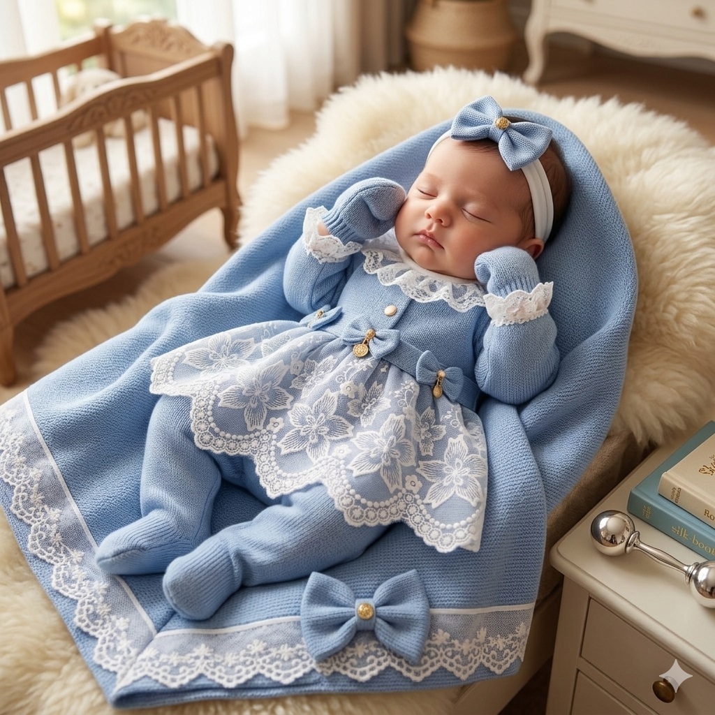 Kit Saída Maternidade Completa em Tricô com Body Rendado e Tiara Elegante.
