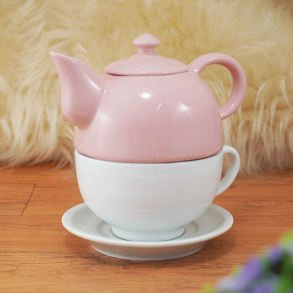 Kit de Chá Café Bule com tampa e Pires em Porcelana Branco/Rosa Liso
