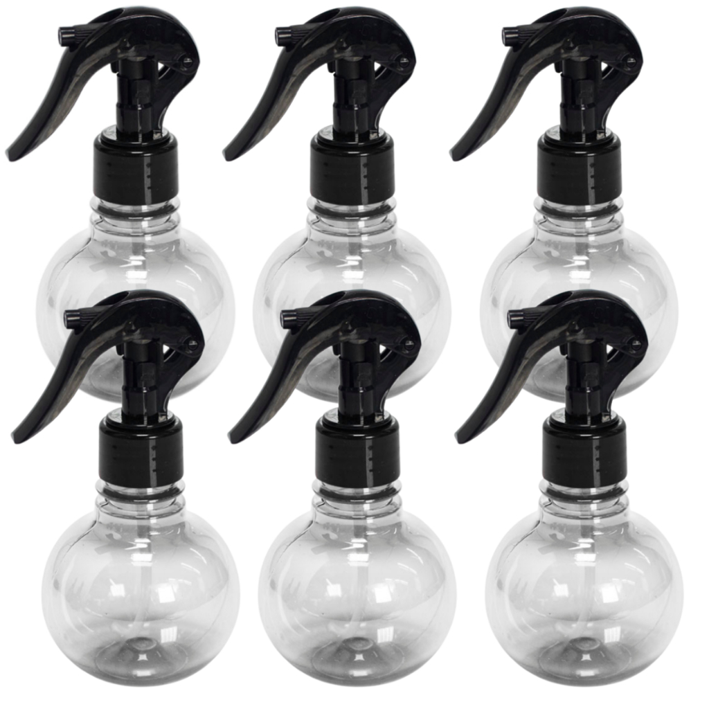 KIT 6 BORRIFADORES PULVERIZADOR FRASCO PET MINI DE 180ml VÁLVULA GATILHO CABELO BARBA UNISSEX