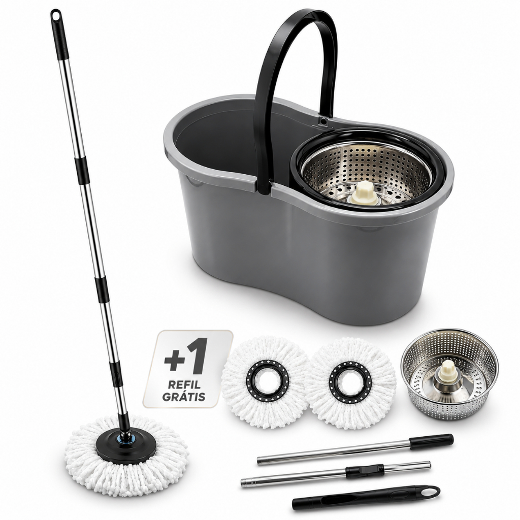 Mop Giratório Inox 9L com Balde Centrífuga + Refil Extra em Microfibra para Limpeza Prática e Rápida