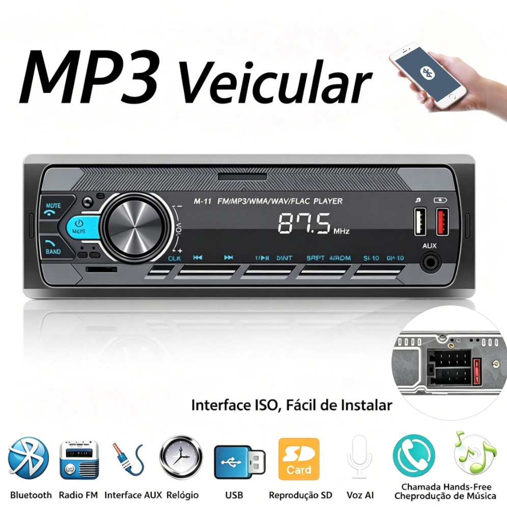 Rádio Automotivo 1DIN Bluetooth MP3 Player, FM/AUX/USB/TF, Suporte Carregamento 5V