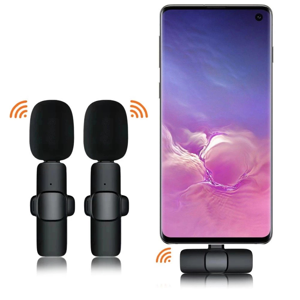 Microfone Lapela Sem Fio Duplo USB C e Lightning para iPhone Android Gravação Vídeo Podcast