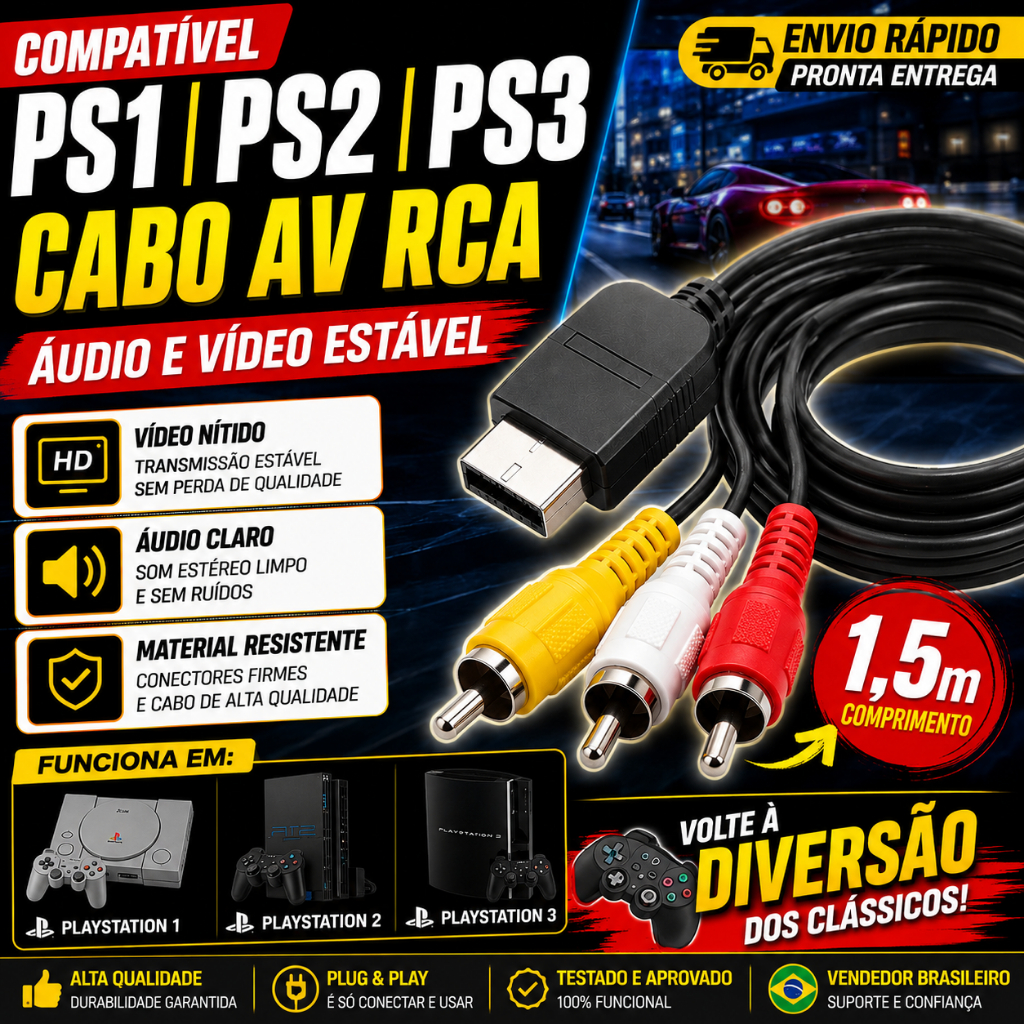 Cabo Av Compatível Playstation Ps1 Ps2 Ps3 Áudio Vídeo 1.5m