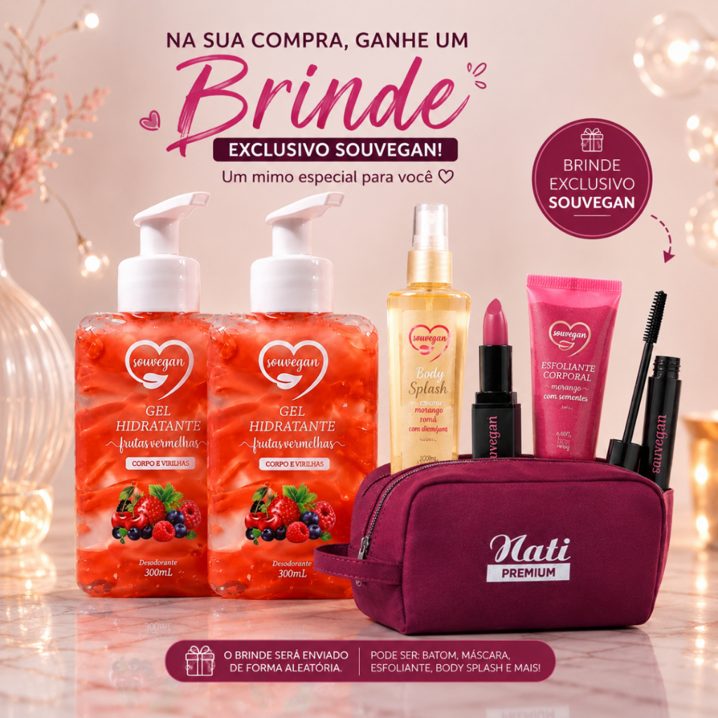 Kit 2 Gel Hidratante Corporal Sou Vegan 300ml Frutas Vermelhas Hidratante + Necessaire Brinde