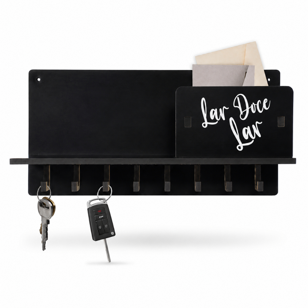 Porta Chaves de Parede Lar Doce Lar com Suporte para Cartas 8 Ganchos Multiuso Organização Decorativo MDF