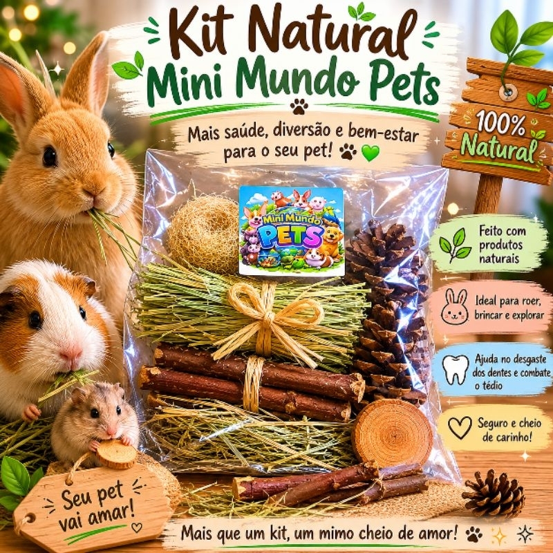Kit 6 brinquedos enriquecimento  ambiental Diversão Natural, guirlanda pinha madeiras galhos bolachas brinde–Premium