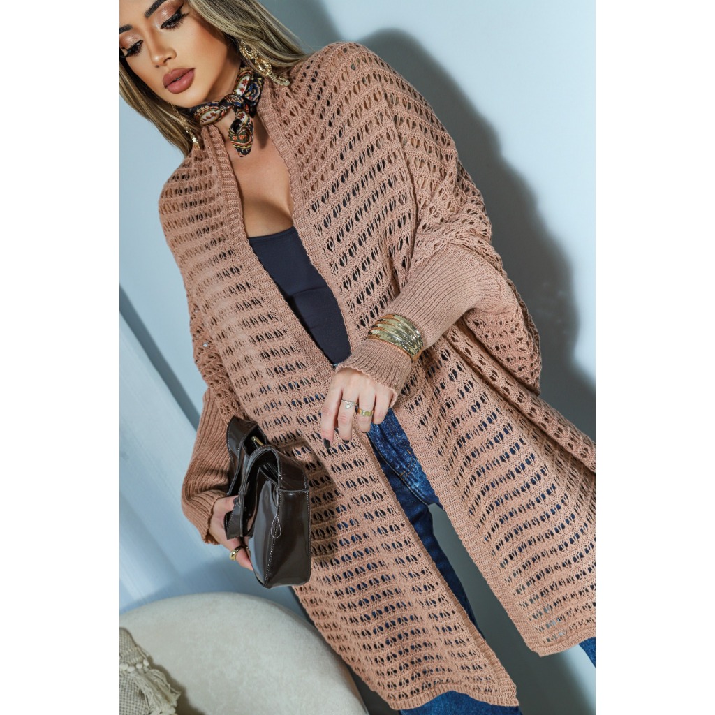 Poncho Kimono de Tricot Feminino Manga Longa Aberto Lançamento Elegante Moda Inverno RS Malhas