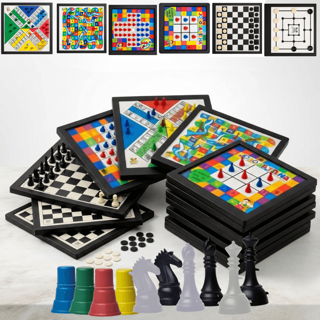 Kit Jogos de Tabuleiro Clássicos 7 em 3 Educativos - Inclui Xadrez Dama Trilha Ludo Jogo da Velha
