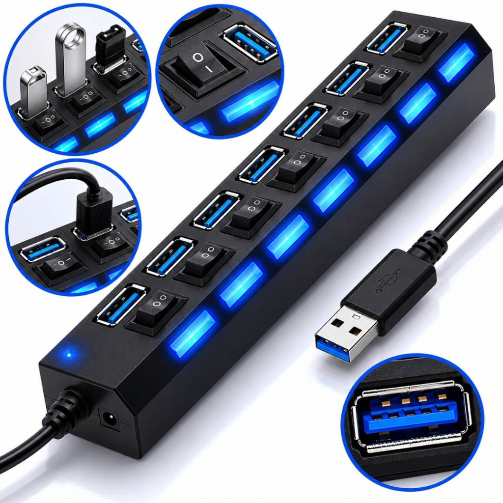 Hub Usb 7 Portas Entradas Led Extensão Pc Notebook Pendrive Hd Externo 2.0