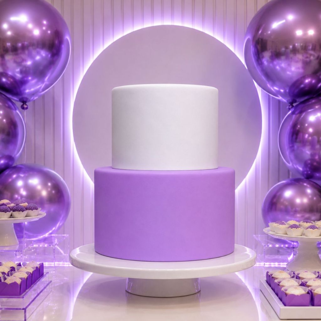 Bolo Fake Isopor Encapado Com EVA Branco e Lilás Festa Decoração Chá de Bebê Aniversários