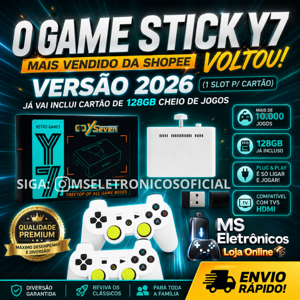 Imagem Game Stick Y7 Original 128GB Versão 2026 Lançamento Videogame +2 Controles de Bateria Recarregável
