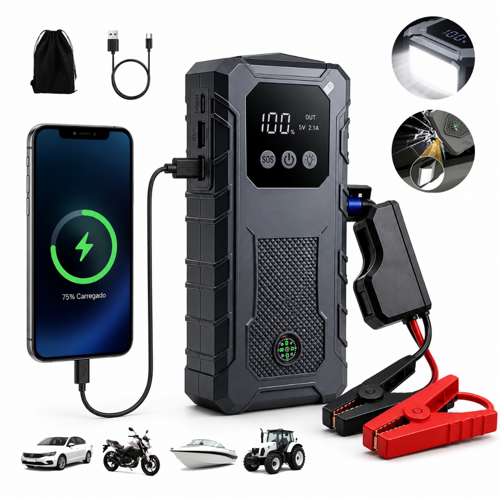 5 Em1 Auxiliar De Partida 10000mAh 12V Com PowerBank Lanterna LED Quebra Vidros Búss Moto Carro Celular