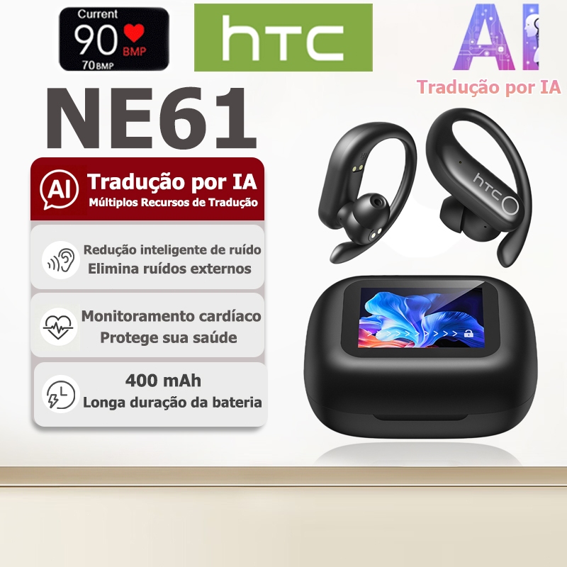 Fone Bluetooth HTC NE61 com tradução por IA e monitoramento cardíaco, versão Bluetooth 6.0, som HiFi e resistência à águ