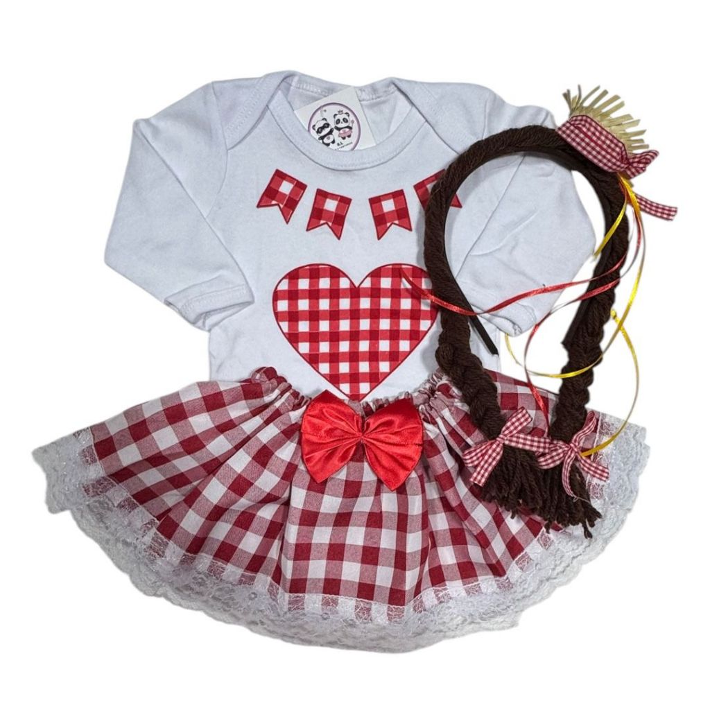 Body Bebe Menina- Festa Junina Longa LUXO + Laço + Saia Tutu - Temático