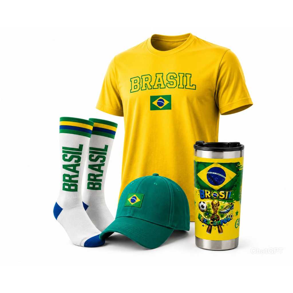 Kit Torcedor Brasil 4 Itens - Camiseta 100% Algodâo Unisexx + Boné + Meia Branca de Cano Alto + Copo Térmico Estampado