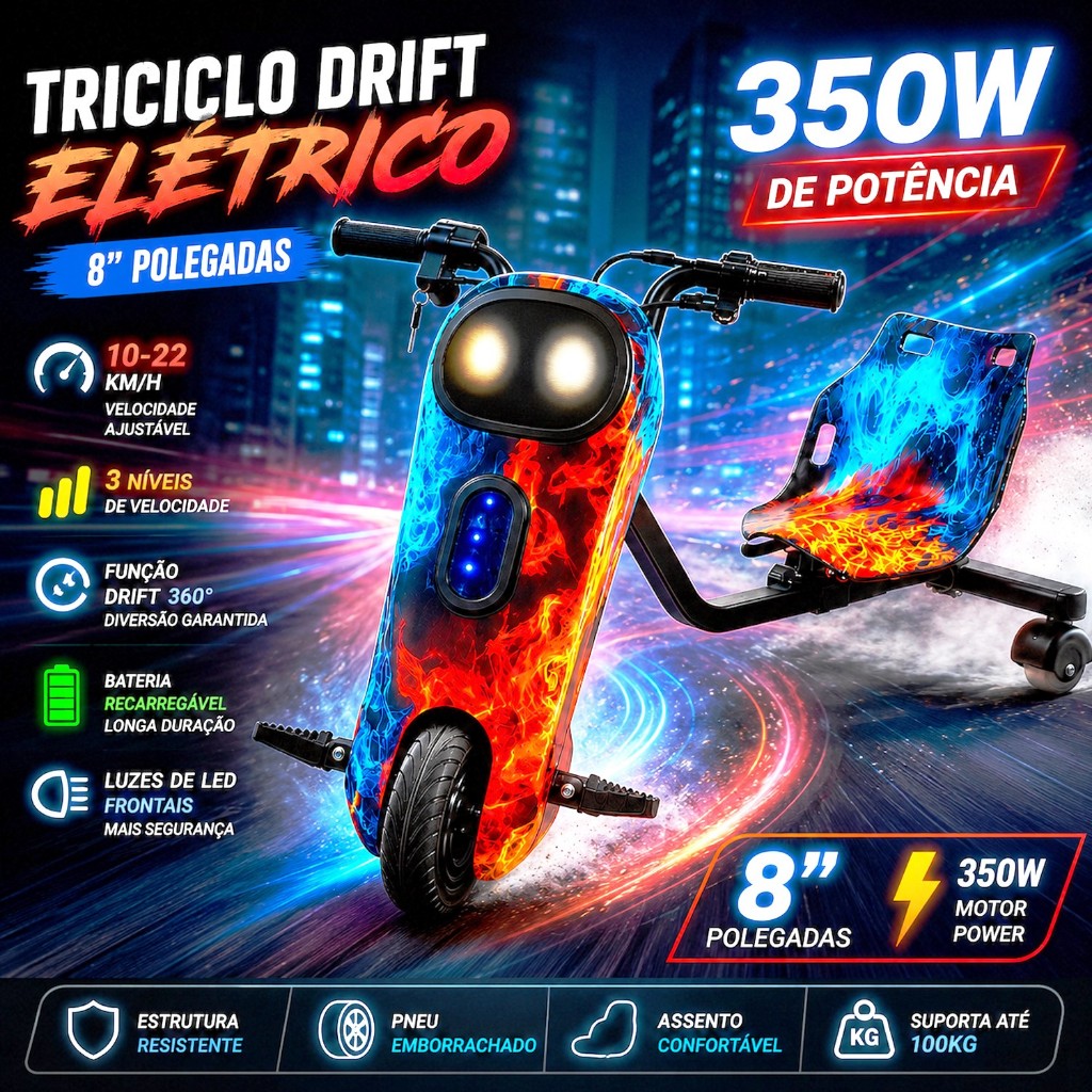 Triciclo Elétrico Drift Motorizado 250W 350w Adulto/Infantil 6" 8" Polegadas 3 Velocidades Bluetooth