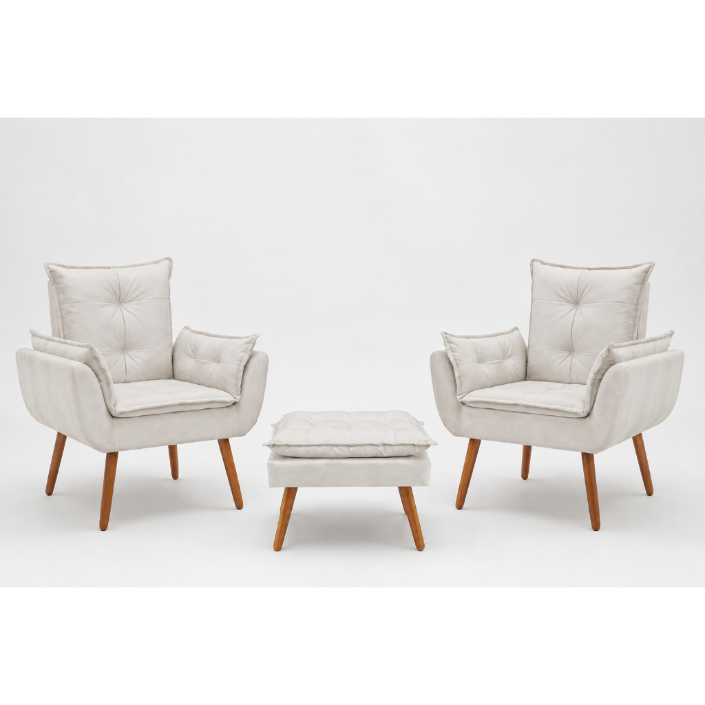 Kit 2 Poltronas Cadeira Com Puff Decorativa Para Sala De Estar Recepção