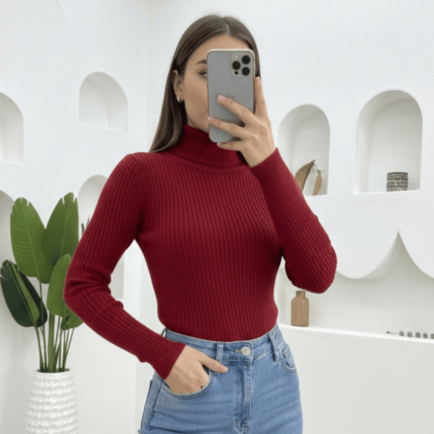 Blusa Cacharrel Feminina Canelada Gola Alta Básica Casual Manga Longa Inverno Frio Tricot